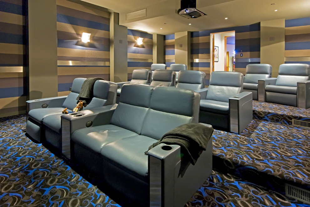 Contemporary enclosed home theatre in San Francisco with a projector screen and multi-coloured floor.