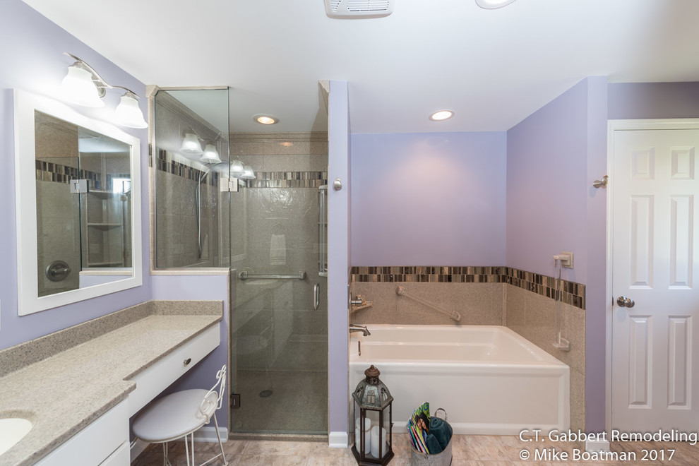 Inspiration for a large transitional master bathroom in Chicago with raised-panel cabinets, white cabinets, a curbless shower, beige tile, mosaic tile, purple walls, porcelain floors, an integrated sink, onyx benchtops, beige floor and a hinged shower door.