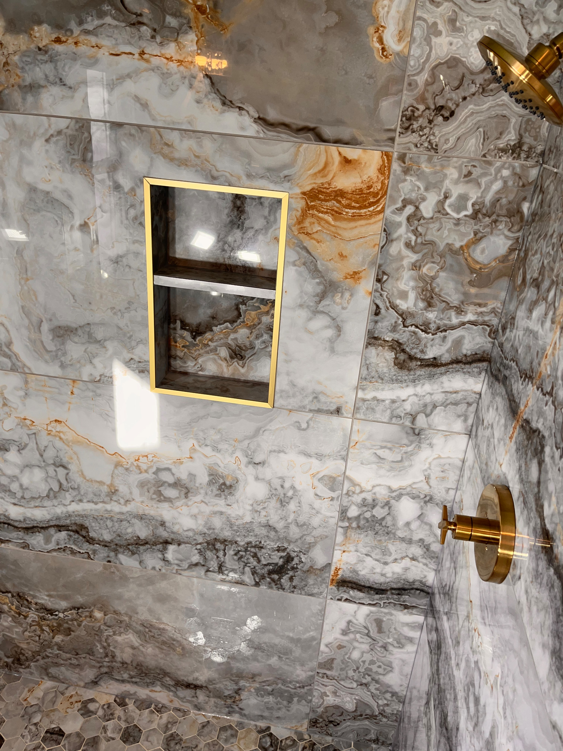 Shower reniovation: Gianni Griggio polished porcelain tile 24 x 48