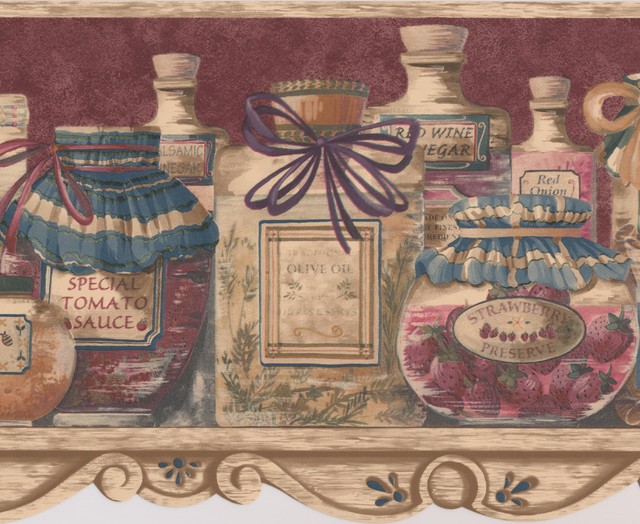 Food Jars on Kitchen Shelf Dark Red Wide Wallpaper Border ...