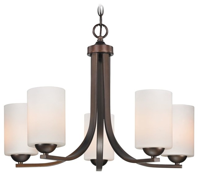 Contemporary Bronze Chandelier with White Cylinder Glass Shades