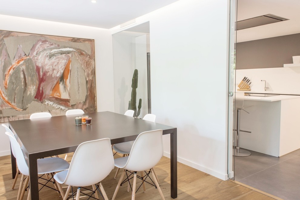 Modelo de comedor tradicional renovado grande abierto con paredes blancas, suelo de madera en tonos medios y todas las chimeneas
