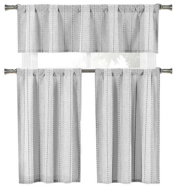 Kylie Homemaison Stripe Polycotton 3 Piece Curtain Set, Black-White