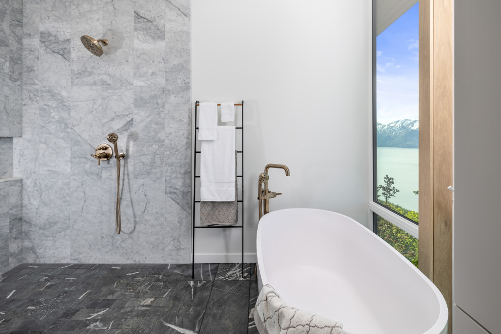 Large trendy master bathroom photo with flat-panel cabinets and a floating vanity