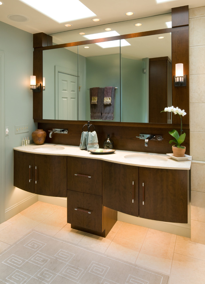Inspiration for a large asian master bathroom in Baltimore with dark wood cabinets, an undermount sink, flat-panel cabinets, engineered quartz benchtops, beige tile, ceramic tile, blue walls and ceramic floors.