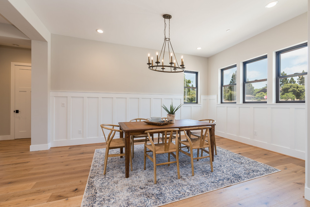 Mid-sized country open plan dining in San Luis Obispo with beige walls, no fireplace, light hardwood floors and beige floor.