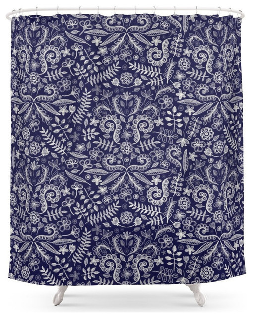 Chalkboard Floral Doodle Pattern In Navy And Cream Shower Curtain