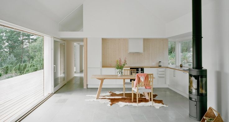 Photo of a mid-sized scandinavian single-wall open plan kitchen in Stockholm with a double-bowl sink, flat-panel cabinets, white cabinets, wood benchtops, panelled appliances and painted wood floors.