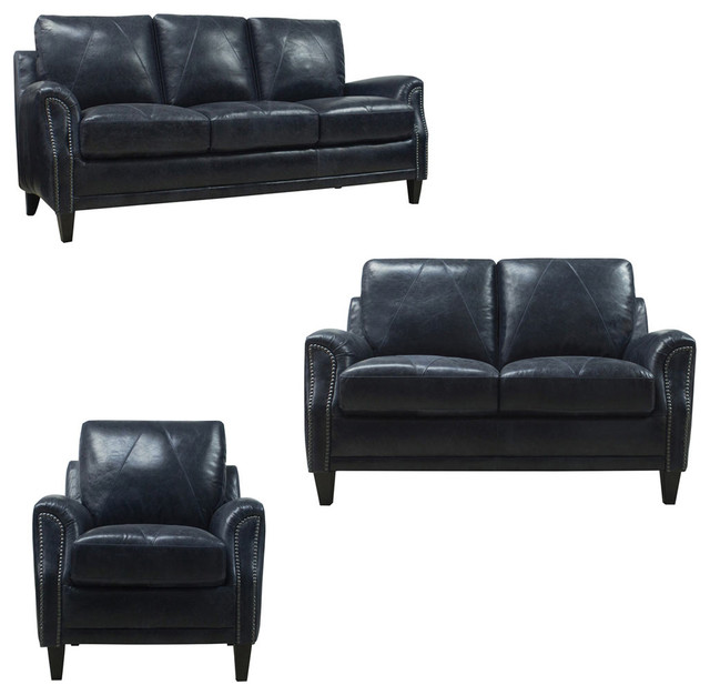 Luke Leather Anya 3 Piece Living Room Set In Midnight Blue Slc