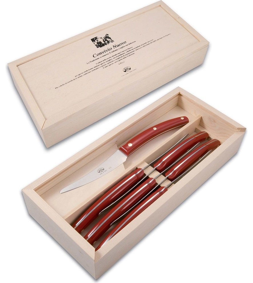 Coltellerie Berti Set of 6 Convivio Steak Knives, Red Lucite Handles