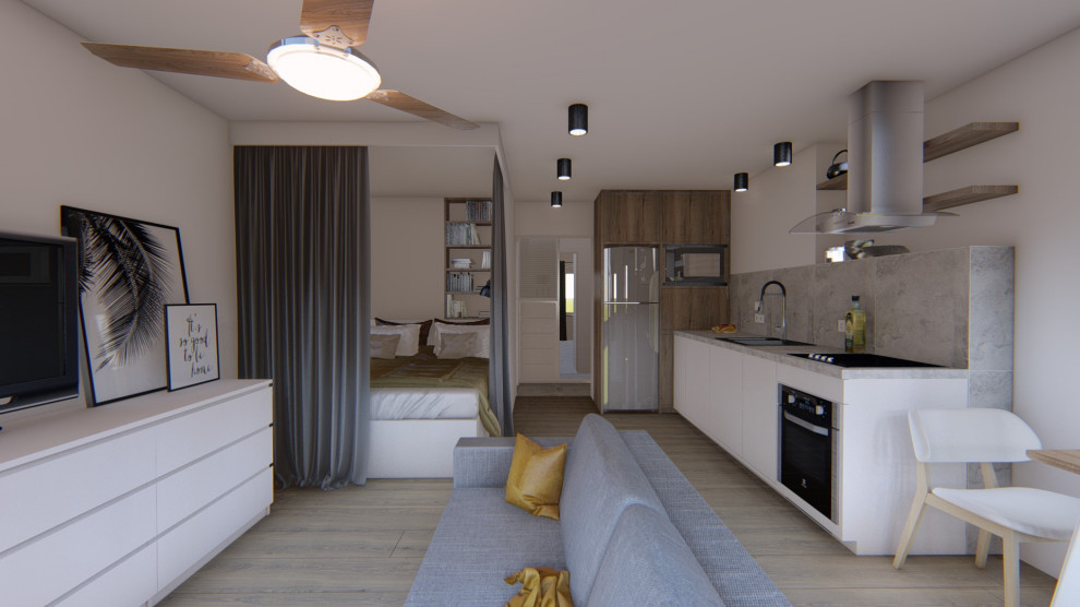 Idée de décoration pour une petite salle de séjour minimaliste ouverte avec un mur blanc, sol en stratifié et un téléviseur indépendant.