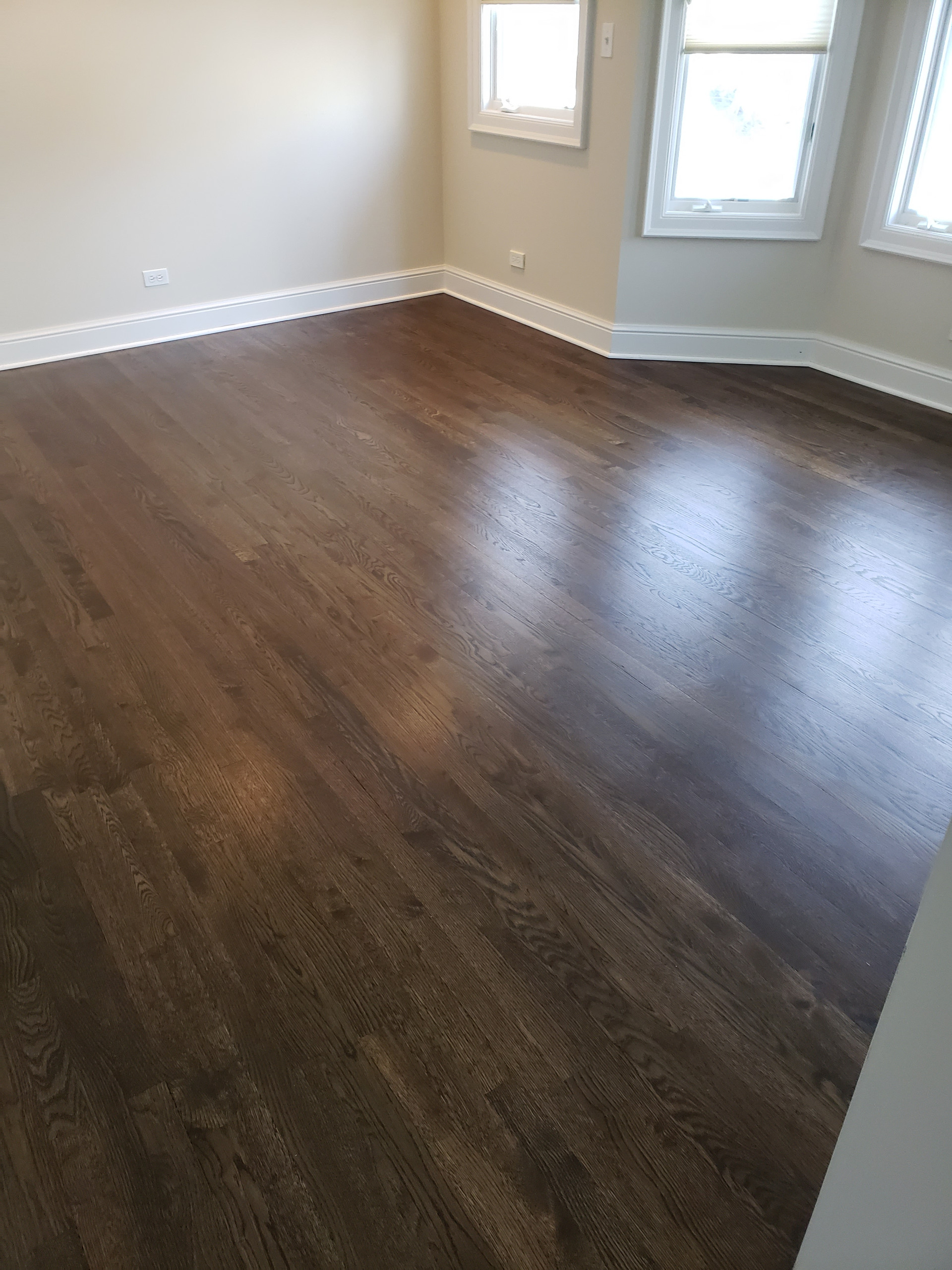 Glencoe 2 and 1/4 white oak new and old Dark Walnut stain Bona Traffic HD satin