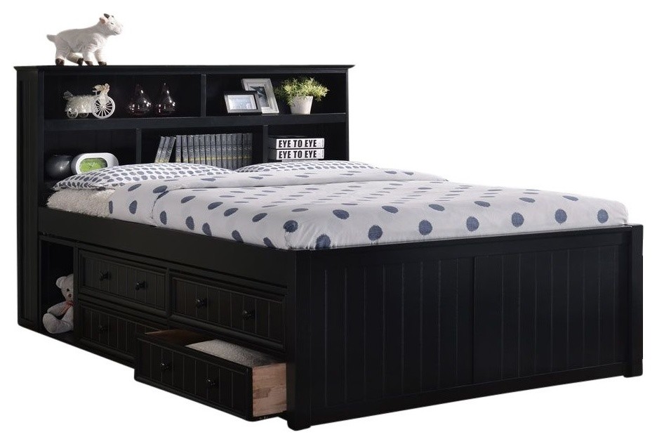 Eberhardt Black Bookcase Queen Captains Bed Transitional Kids Beds By Totally Fun Furniture Toys Eberhardt Black Bookcase Queen Captains, Queen Captains Bed With Bookcase Headboard