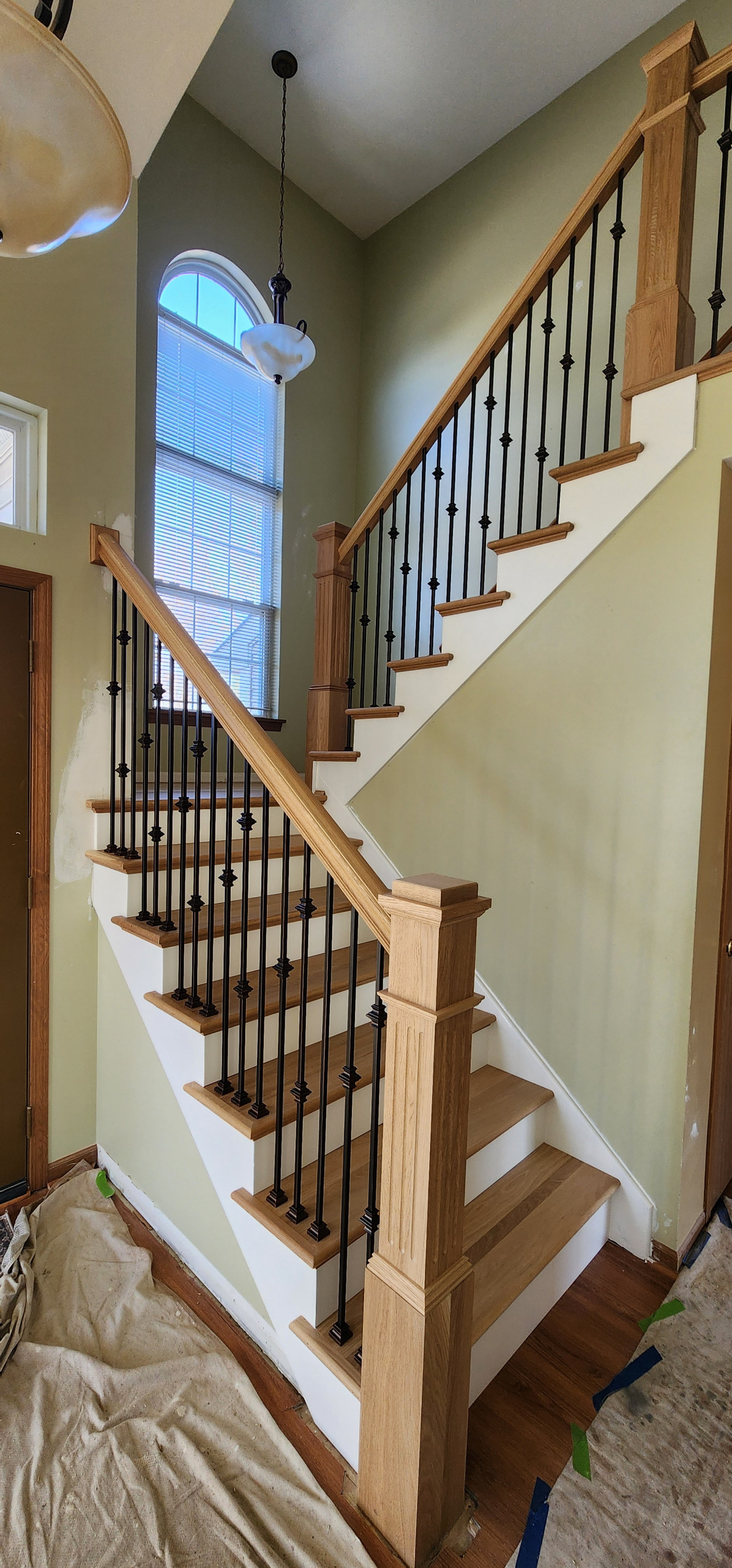 Opened Walls & Stringers, Box Newel White Oak Staircase with Iron