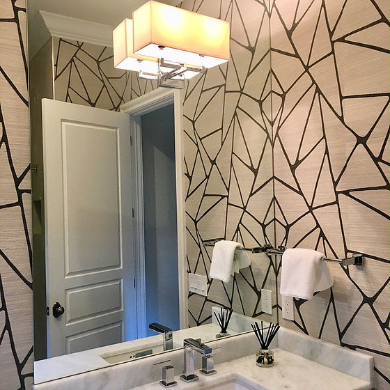 This is an example of a transitional bathroom in Orlando with open cabinets, white cabinets, an alcove shower, a two-piece toilet, yellow tile, an undermount sink, engineered quartz benchtops, a hinged shower door, white benchtops, a single vanity and wallpaper.