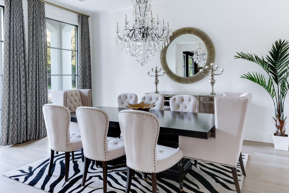 Mid-sized contemporary separate dining room in Dallas with white walls, light hardwood floors and grey floor.