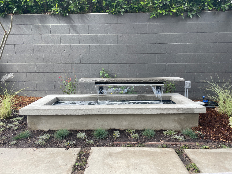 Photo of a midcentury backyard partial sun formal garden in Los Angeles with with waterfall and concrete pavers.
