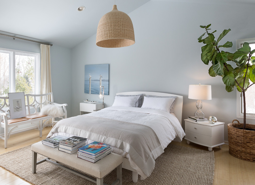 Beach style bedroom in Detroit with blue walls, light hardwood floors and no fireplace.