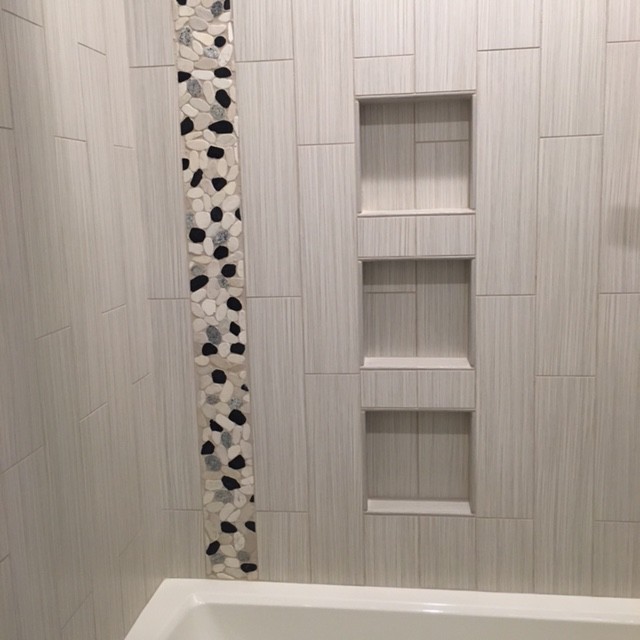 Mid-sized transitional master gray tile and porcelain tile bathroom photo