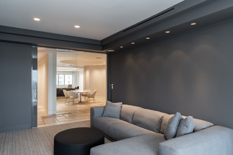 Idee per un soggiorno minimalista di medie dimensioni e stile loft con pareti grigie, moquette, TV a parete, pavimento grigio e soffitto ribassato