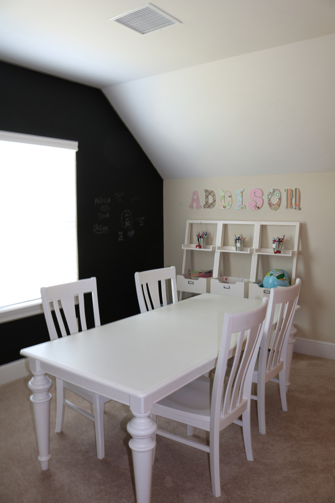 Inspiration for a large transitional kids' room for girls in Austin with beige walls, carpet and beige floor.