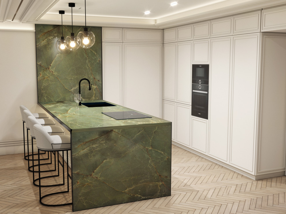 Design ideas for a mid-sized transitional single-wall eat-in kitchen in Malaga with an undermount sink, raised-panel cabinets, white cabinets, green splashback, panelled appliances, medium hardwood floors, a peninsula, brown floor and green benchtop.