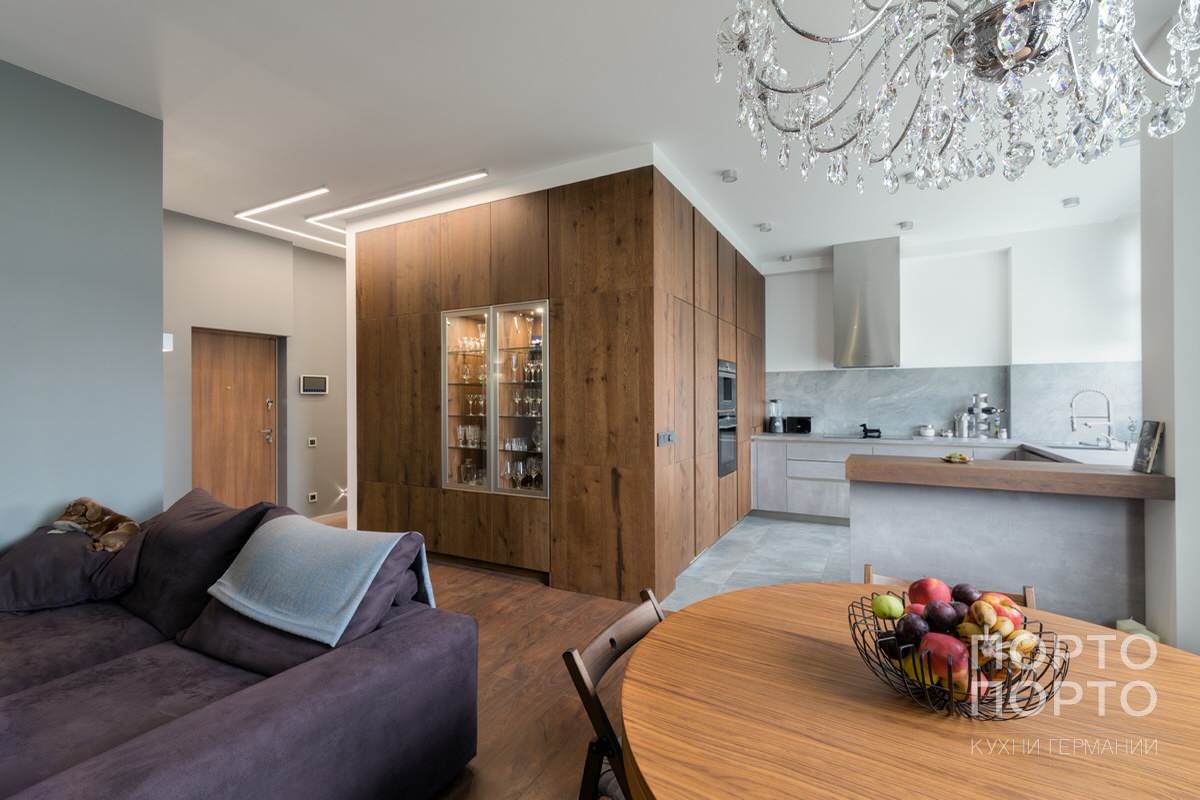 Кухня в современном стиле под бетон со шпоном