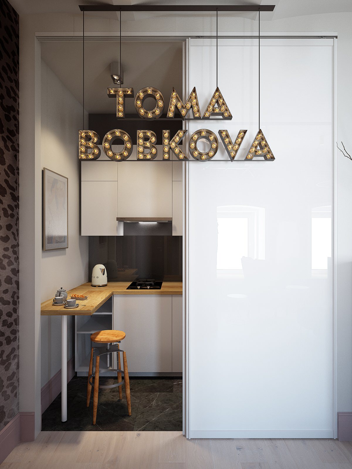 Кухня-ниша за зоной ресепшн