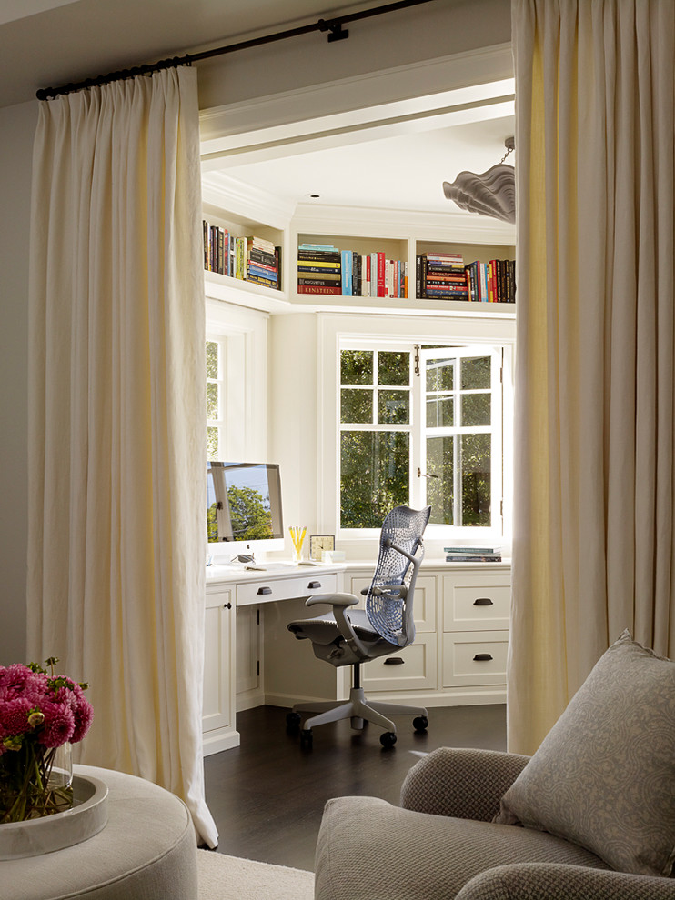 Inspiration for a traditional study room in San Francisco with dark hardwood floors and a built-in desk.