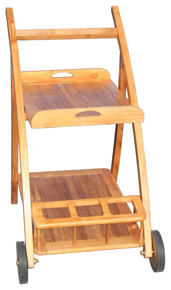 Teak Wood Serving Trolley with Serving Tray, Bottle Holders and Rubber