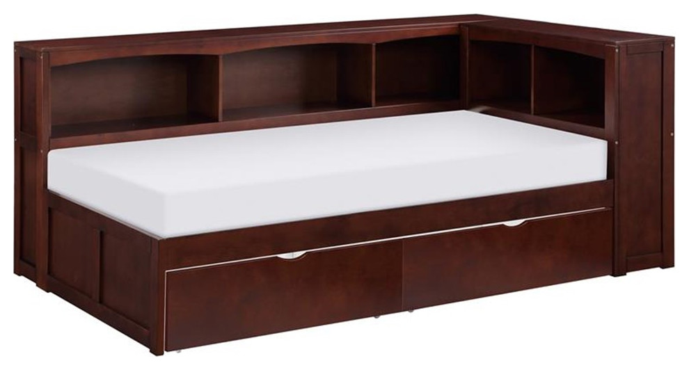 Lexicon Rowe Wood Twin Bookcase Corner Bed with Storage Boxes in Dark