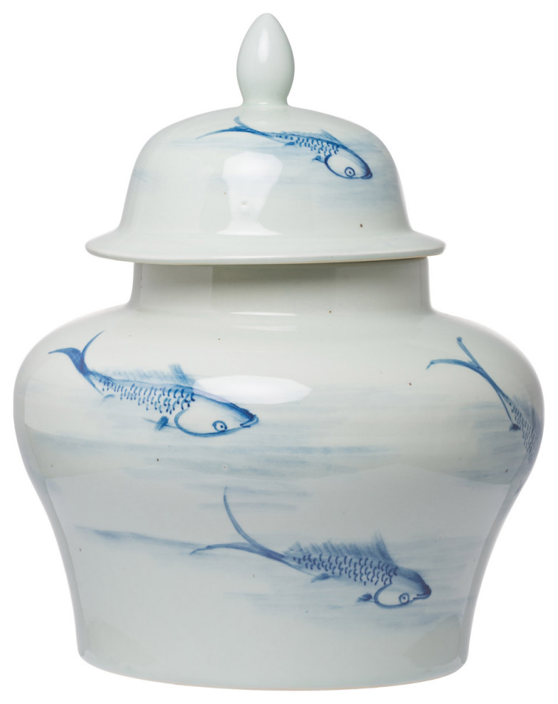 Koi Decorative Jar or Canister, Gloss Blue and White, 14"