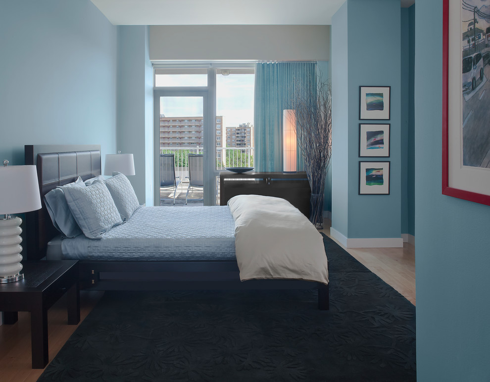 Photo of a large contemporary master bedroom in New York with blue walls, light hardwood floors and no fireplace.