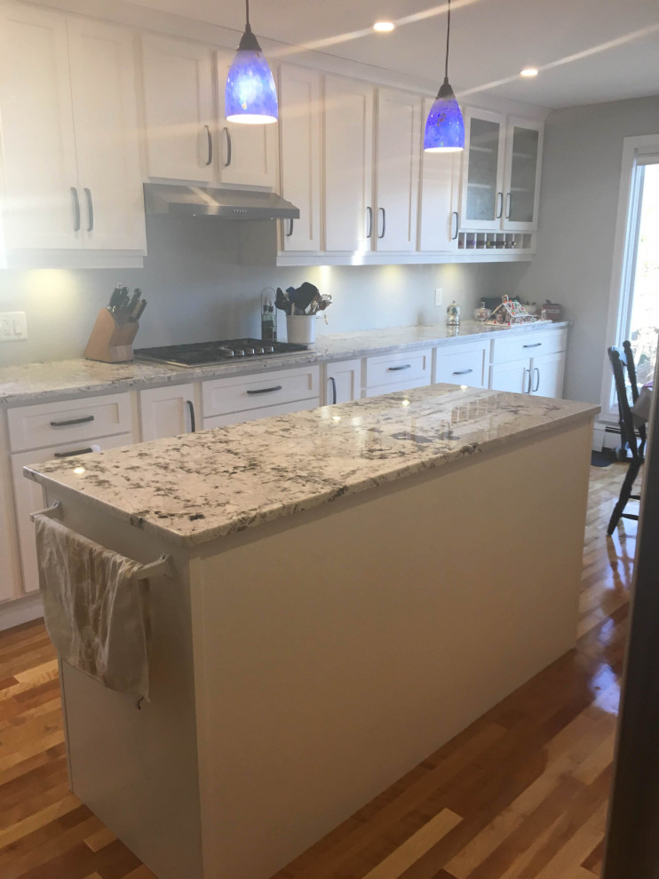 Mid-sized transitional u-shaped medium tone wood floor and brown floor eat-in kitchen photo with recessed-panel cabinets, white cabinets, granite countertops, stainless steel appliances, an island and multicolored countertops