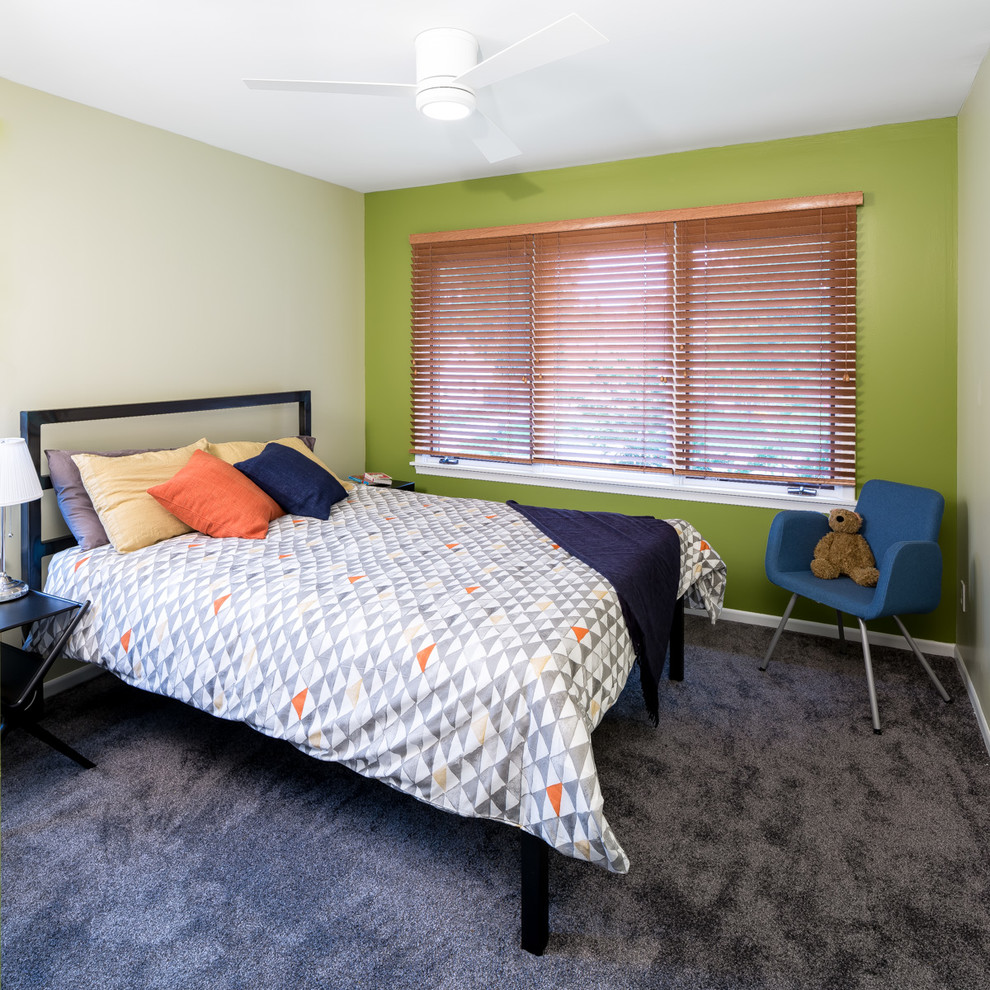 This is an example of a mid-sized midcentury guest bedroom in Minneapolis with multi-coloured walls and carpet.