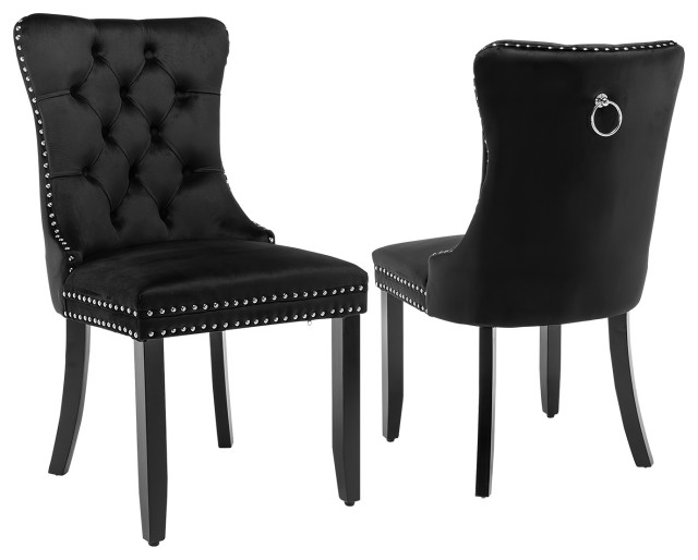 Dining Chair With Wood Legs Nailhead Trim Black, Set of 2