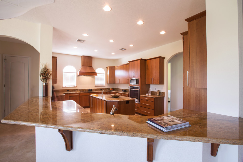 Inspiration for a large modern u-shaped open plan kitchen in Tampa with a double-bowl sink, flat-panel cabinets, dark wood cabinets, granite benchtops, multi-coloured splashback, stainless steel appliances, ceramic floors and with island.