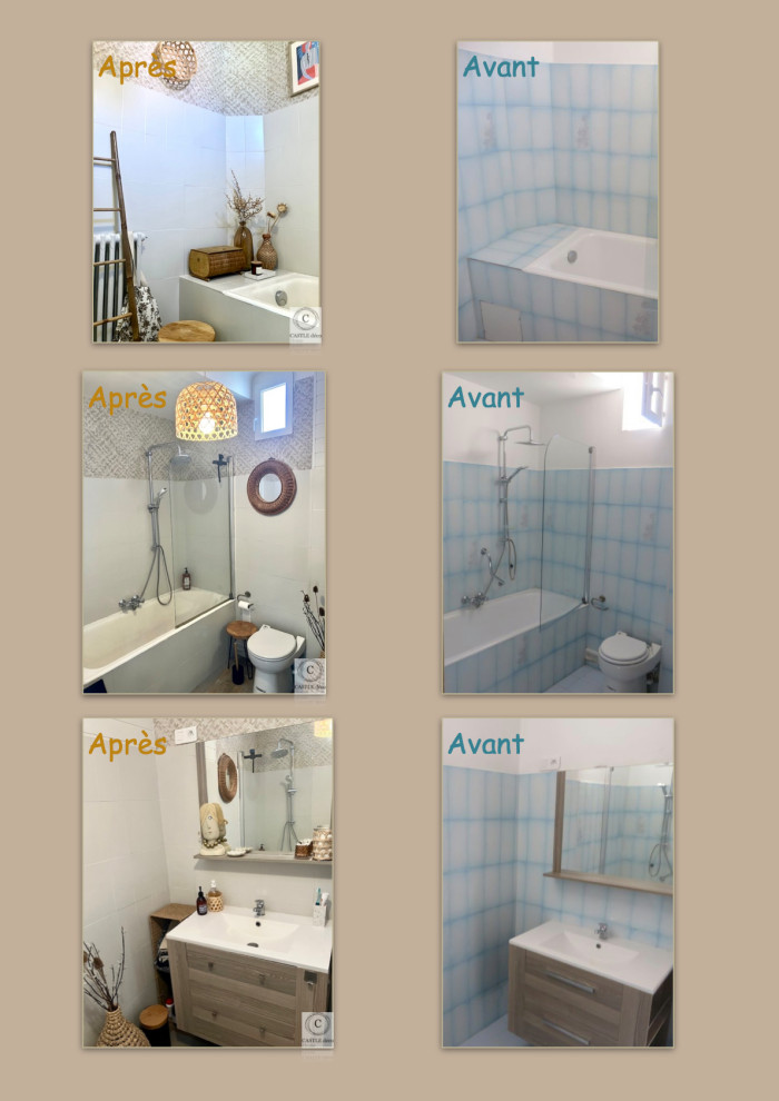 Kleines Badezimmer En Suite mit Einbaubadewanne, beiger Wandfarbe, Laminat, Unterbauwaschbecken, beigem Boden und Tapetenwänden in Korsika