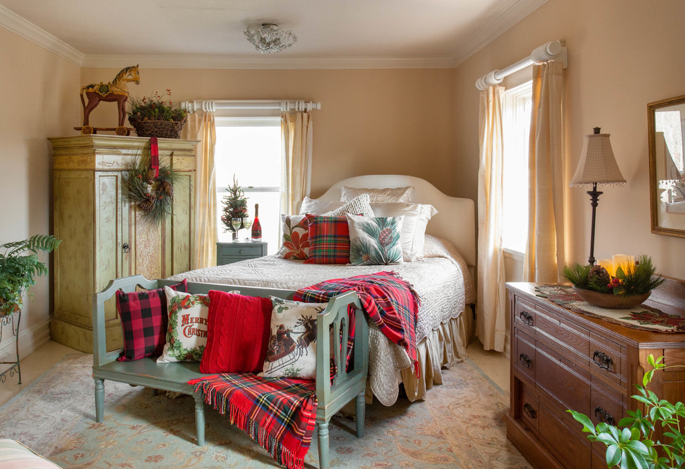 Inspiration for a country beige floor bedroom remodel with beige walls
