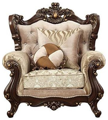 Benzara BM185555 Arm Chair With Floral Arched Backrest/2 Pillows, Brown/Beige