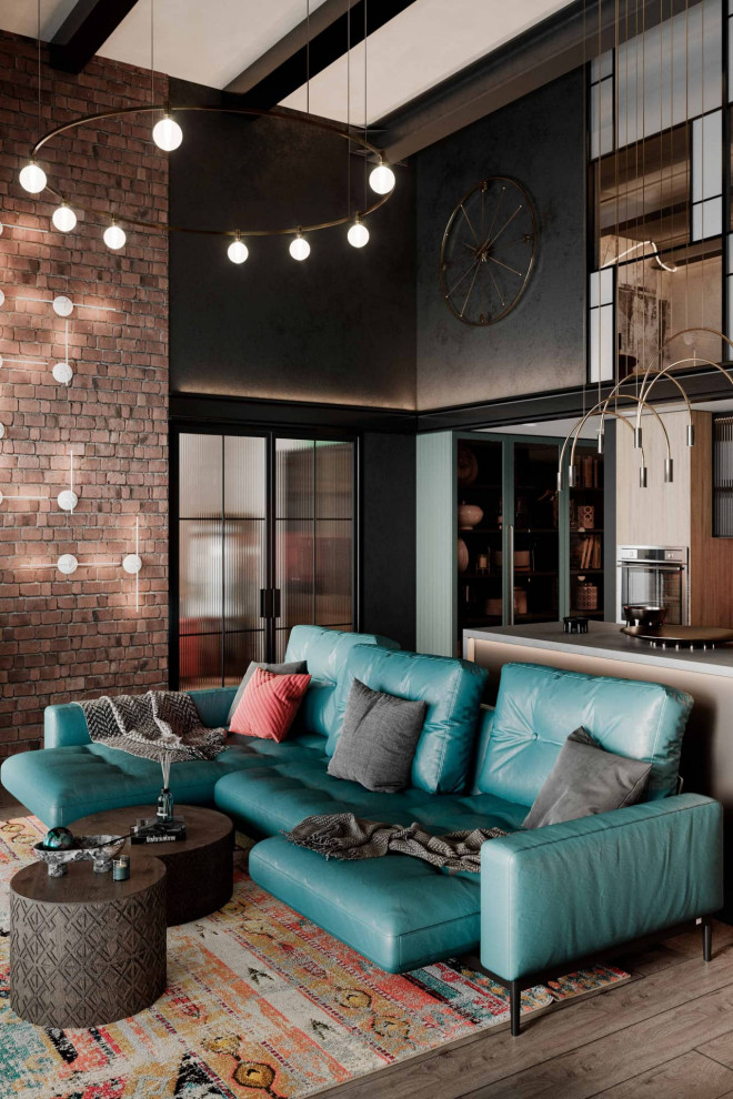 Design ideas for an industrial living room in Moscow.