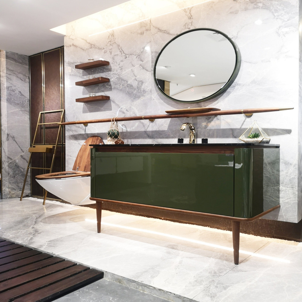 Foto di una stanza da bagno con doccia minimalista di medie dimensioni con ante lisce, ante verdi, top in marmo, un lavabo, mobile bagno sospeso e lavabo integrato