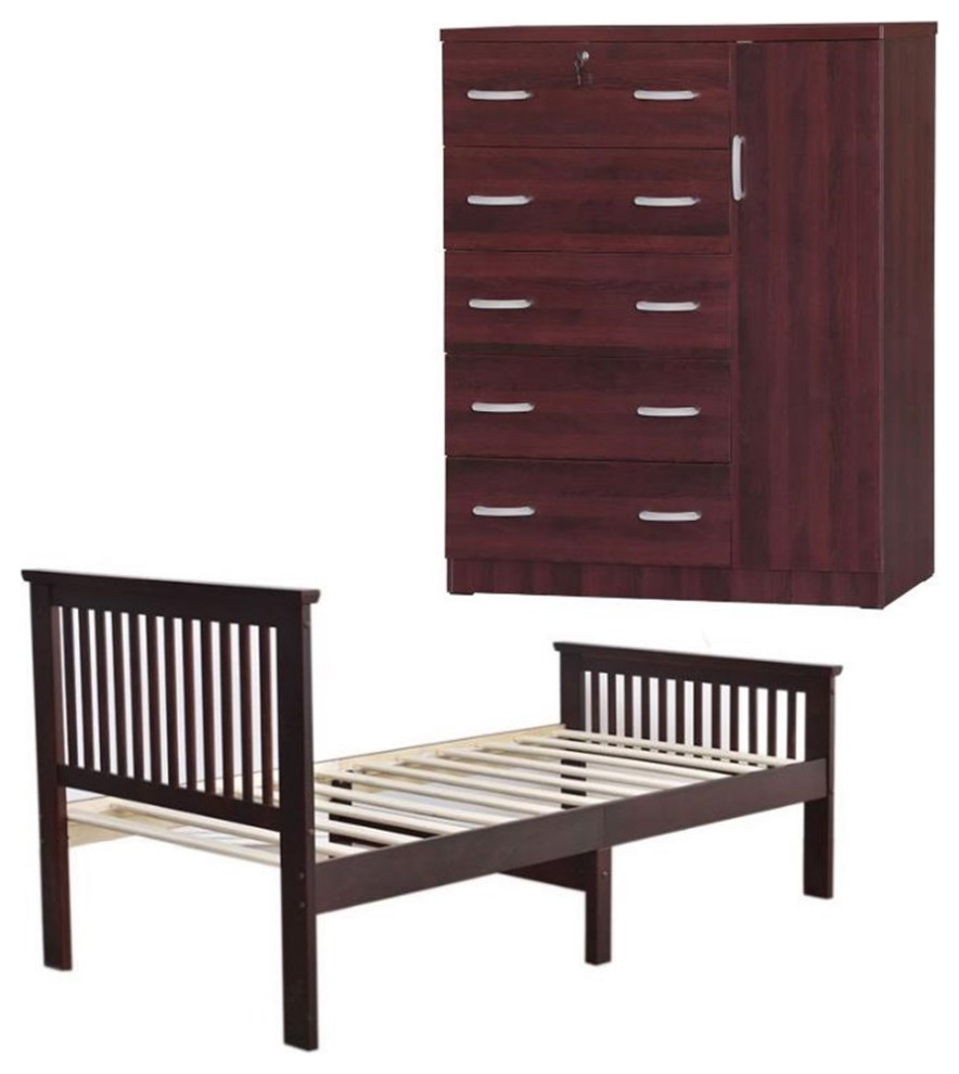 Home Square 2-Piece Set with Pine Twin Bed and Tall Chest Wardrobe in Mahogany