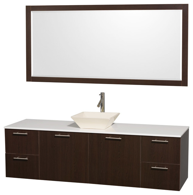 Amare 72" Espresso Single Sink Vanity With White Man-Made Stone Top, 70" Mirror