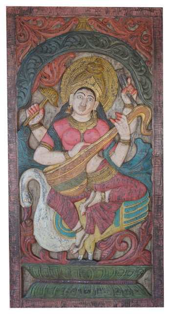 Consigned Vintage Carved Panel Saraswati Hindu goddess of Knowledge, Music, Arts