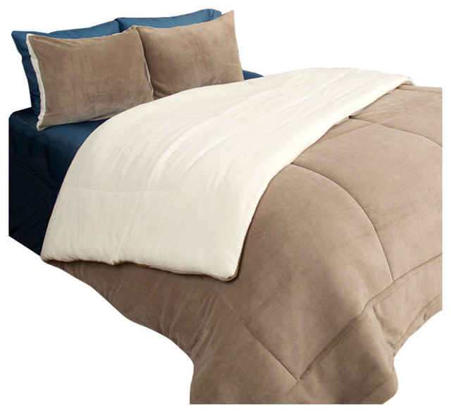 Lavish Home 3 Piece Sherpa/Fleece Comforter Set, King, Taupe