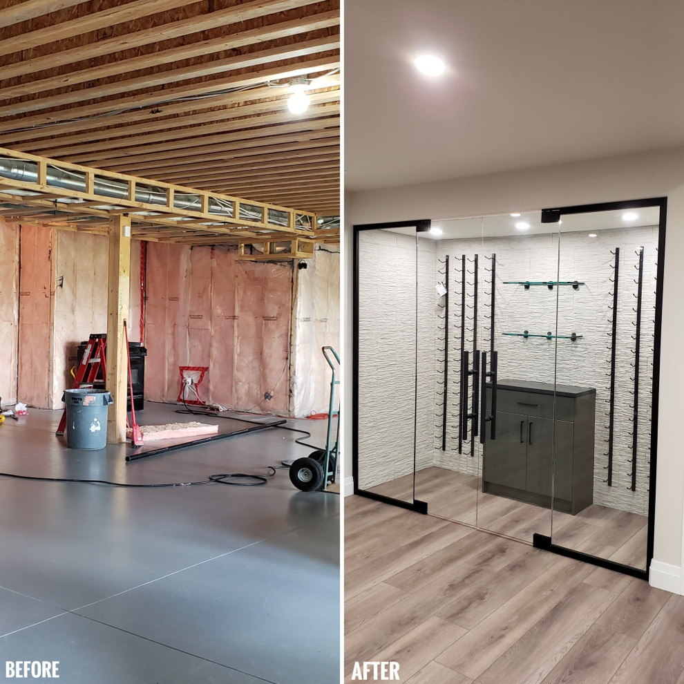 Inspiration for a large transitional walk-out vinyl floor basement remodel with a bar