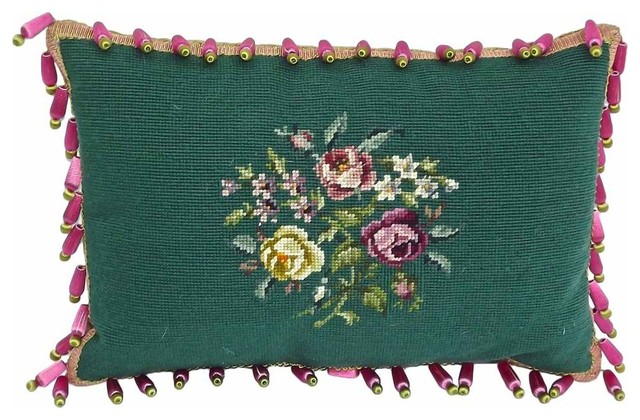 Green Floral Needlepoint Pillow