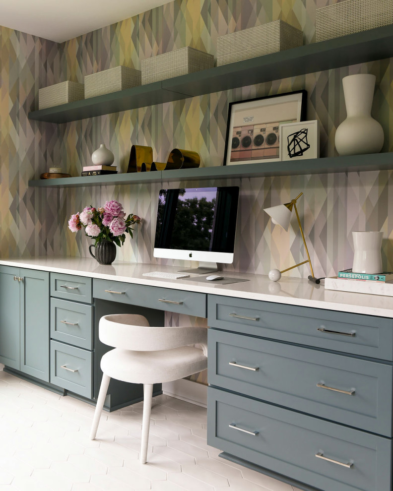 Large transitional u-shaped ceramic tile, white floor and wallpaper home office photo with an undermount sink, shaker cabinets, green cabinets, quartz countertops, multicolored walls, a side-by-side washer/dryer and white countertops