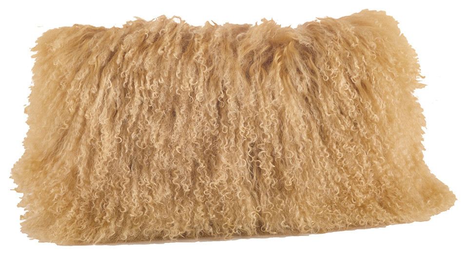 Mongolian Lamb Fur Design Down Filled Throw Pillow, Gold